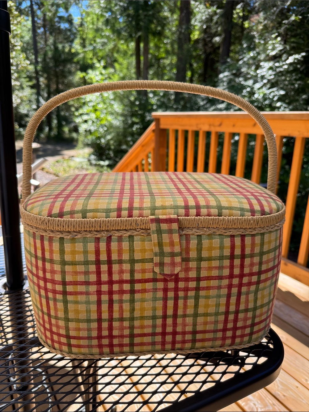 Vintage Plaid fabric Sewing Basket with Handle